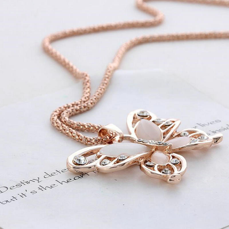 Rose Gold Acrylic Crystal Butterfly Pendant Necklace