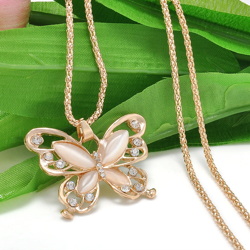 Rose Gold Acrylic Crystal Butterfly Pendant Necklace