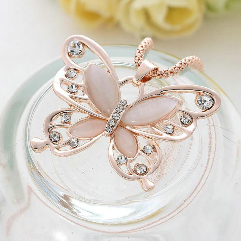 Rose Gold Acrylic Crystal Butterfly Pendant Necklace