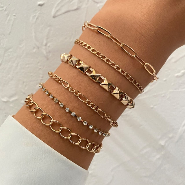 5 Pcs/Set Punk Gold Crystal Thick Chain Bracelet/Anklet