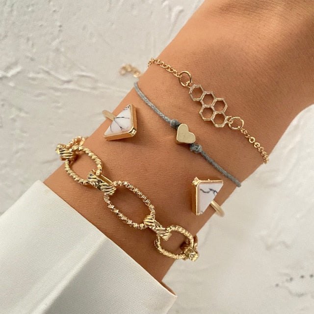 5 Pcs/Set Punk Gold Crystal Thick Chain Bracelet/Anklet