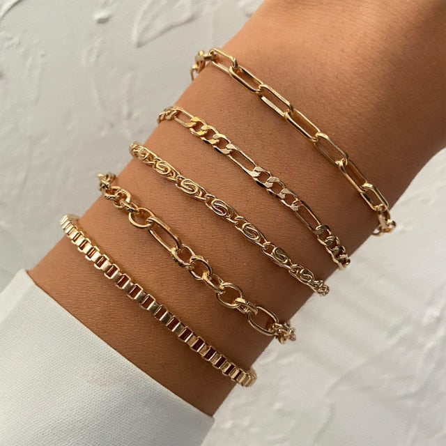 5 Pcs/Set Punk Gold Crystal Thick Chain Bracelet/Anklet