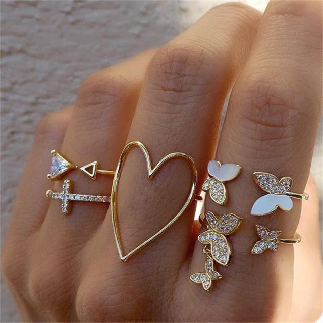 Vintage Boho Crystal Butterfly Ring Set