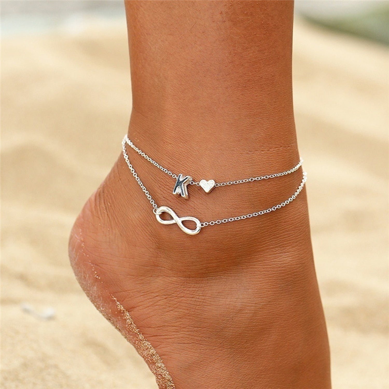 Bohemian Layered Infinite Letter + Heart Anklet